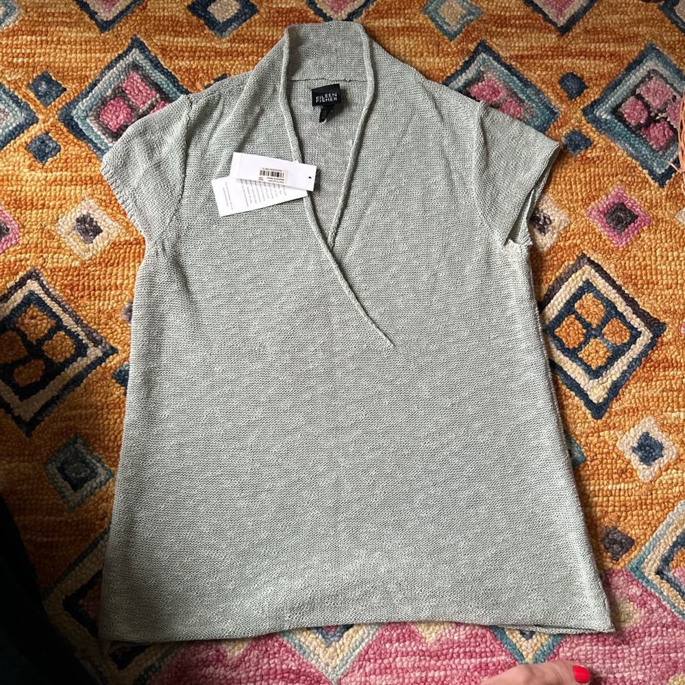 Eileen Fisher Gray Fitted Cap Sleeve Blouse